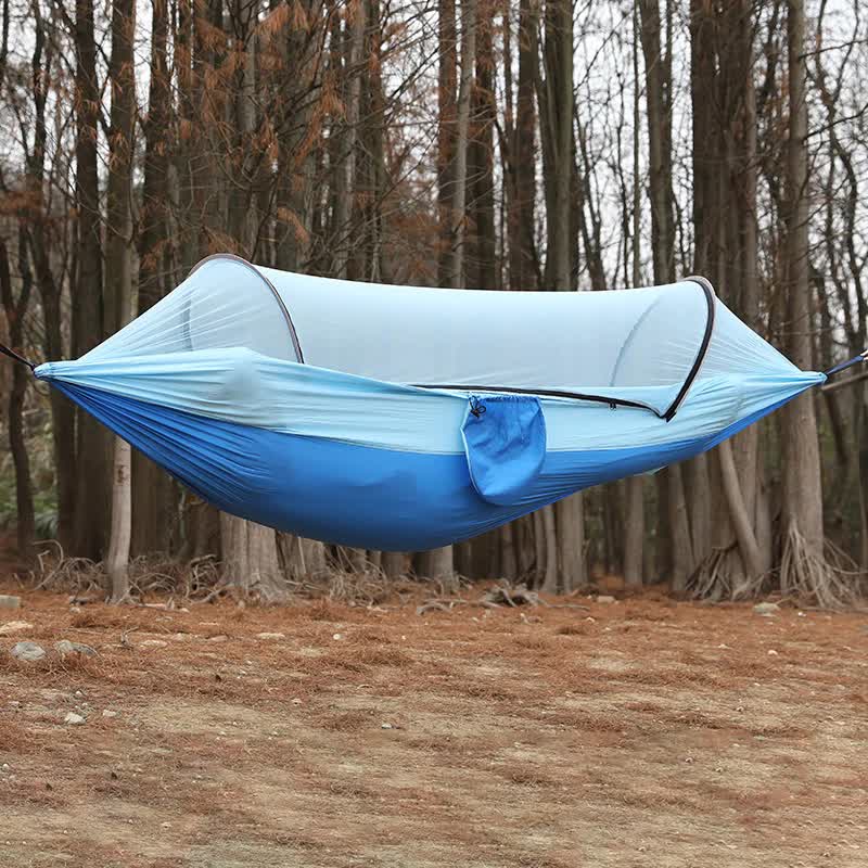 Blue Outdoor Camping Hammock with Mosquito Net, Anti-Tip Nylon Fabric, Single/Double Person Quick-Setup Hammock - DANGL