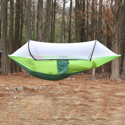 Green Outdoor Camping Hammock with Mosquito Net, Anti-Tip Nylon Fabric, Single/Double Person Quick-Setup Hammock - DANGL