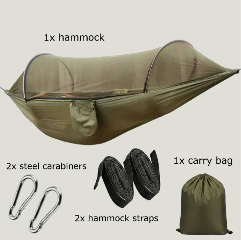 DANGL BushShield Hammock in green hanging on a beige background, showcasing outdoor relaxation and durable fabric for garden use.
