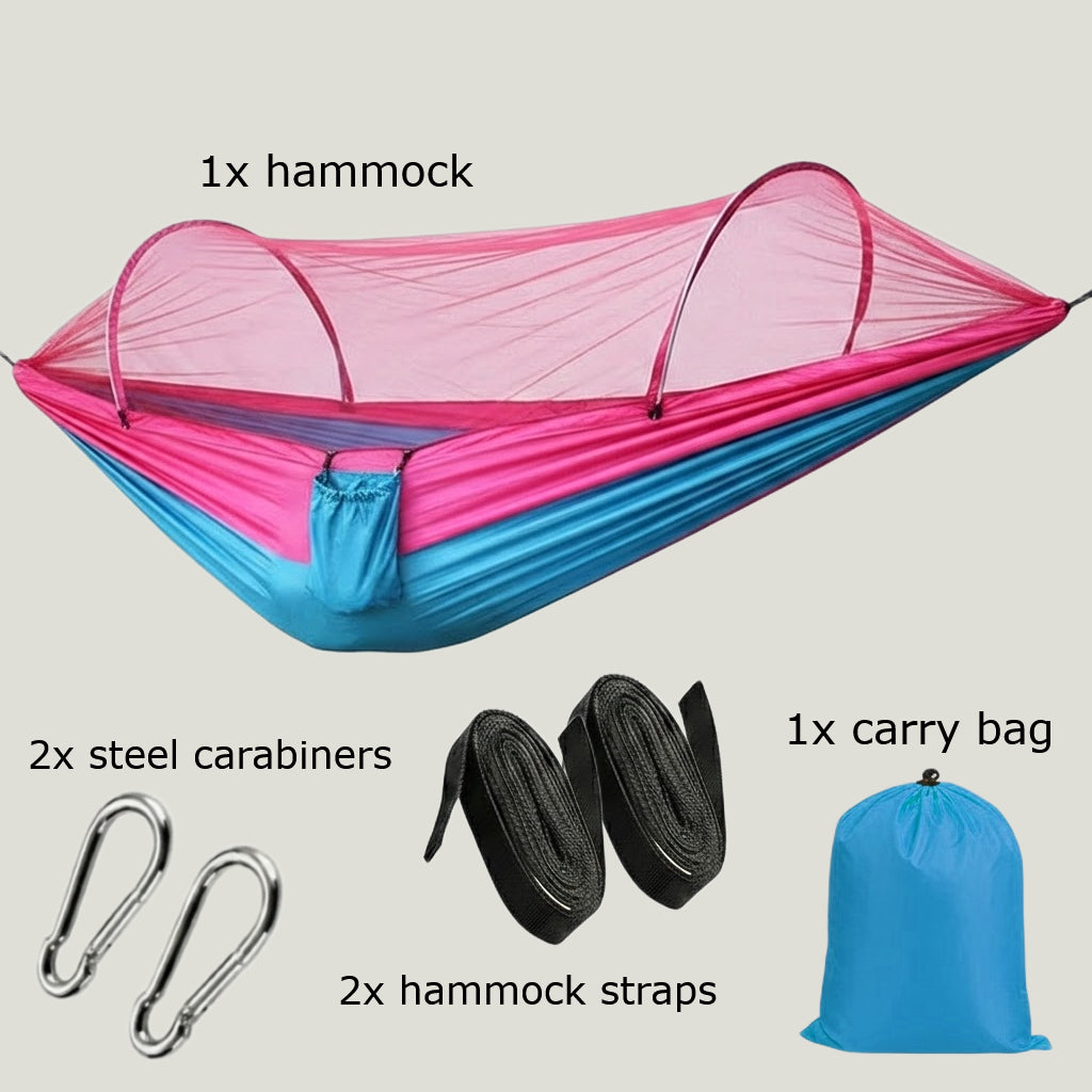 DANGL BushShield Hammock in pink, hanging on beige background, showcasing its vibrant color and comfortable design for outdoor relaxation.